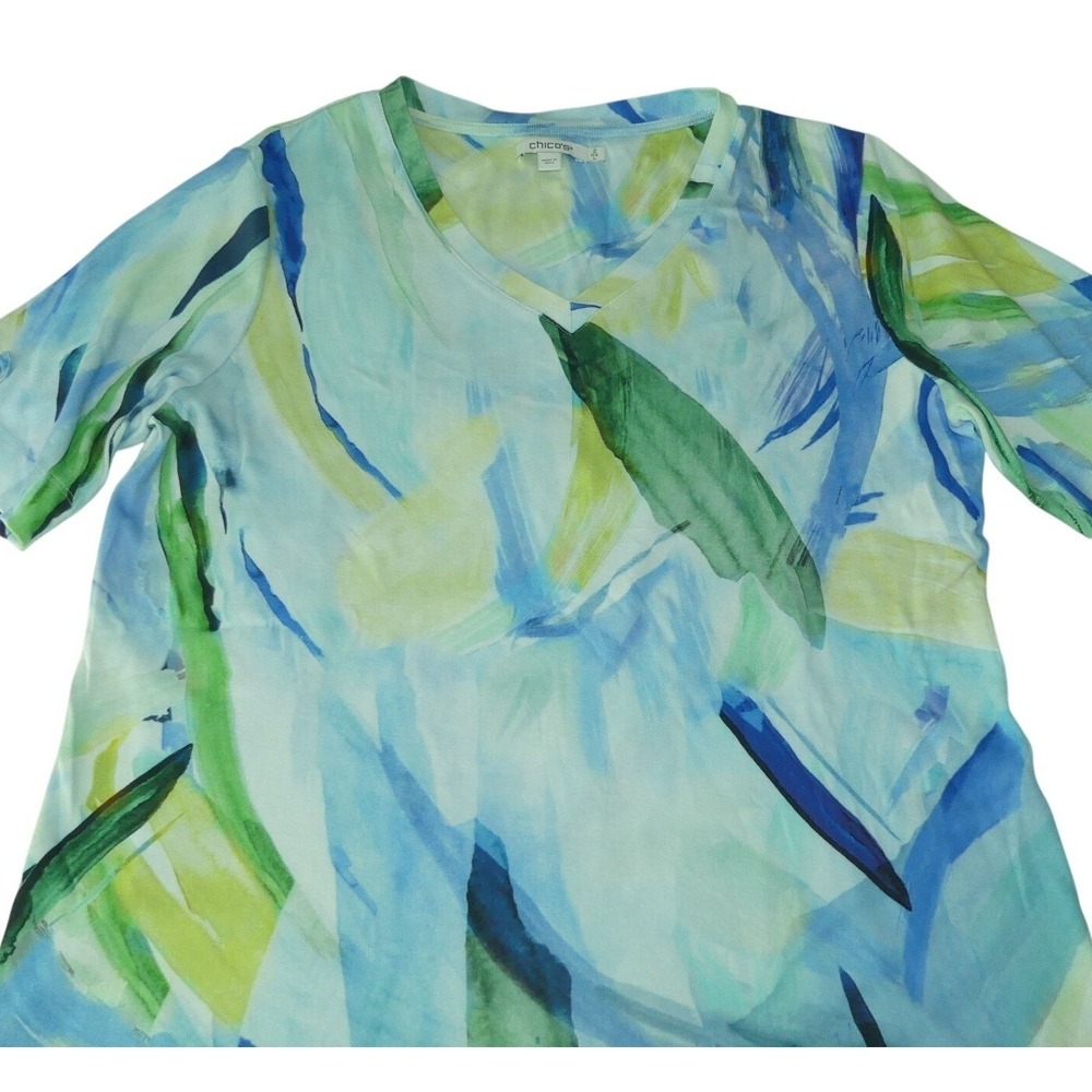 Chico's Women Blue Green Abstract Pima Cotton V-Neck Top Size 2 L 2025